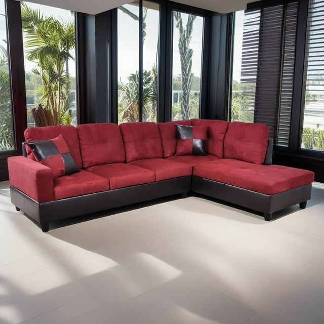 Hommoo 4 Seats Flannel and PVC Sectional Sofa Couch Set, Modern L Shaped Sectional Couch, Living Room Furniture Set, Red