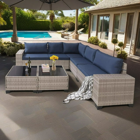 Hommoo 7-Piece Outdoor Patio Furniture Sets, All-Weather Wicker Rattan Conversation Sectional Sofa with 2 Glass Coffee Table and Washable Seat Cushion, Blue&White-Gray