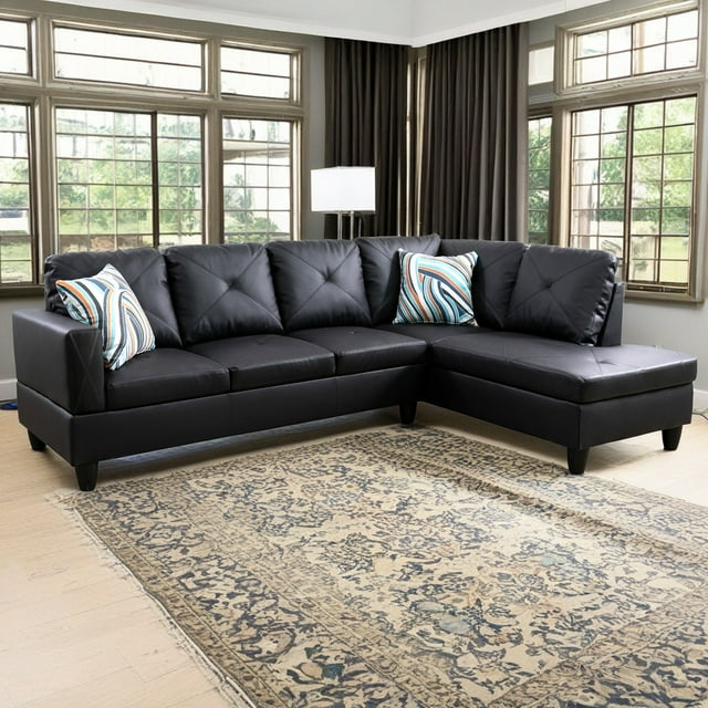 Hommoo Faux Leather 4-Seat Couch Living Room Sofa Set, L Shaped Couch Sofa Set, Chaise Lounge Sectional Sofa for Small Space, Black(No Ottoman)