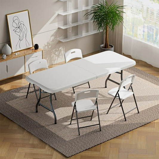 Hommoo Folding Table, Picnic Table, Portable 6 Foot Table, Fold-in-Half Table, Plastic Dining Picnic Party Table, Folding Table 6ft with Handle, White