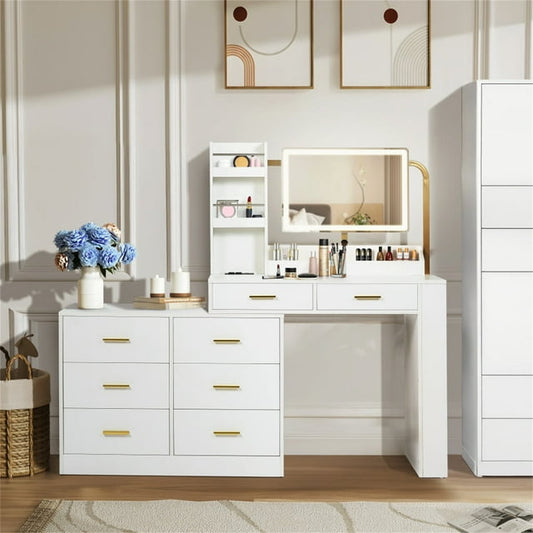 Hommoo Modern White 8-Drawer Dresser Makeup Vanity with Mirror and Lights, Makeup Table Vanity Desk with Usb Power Outlet, White