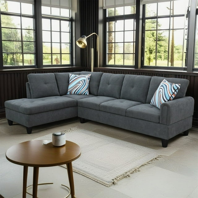 Hommoo Sofa Set,Flannel 2-Piece Living Room Sofa Set,L-Shaped Sectional Sofa,Sectional Couches for Living Room,Dark Grey