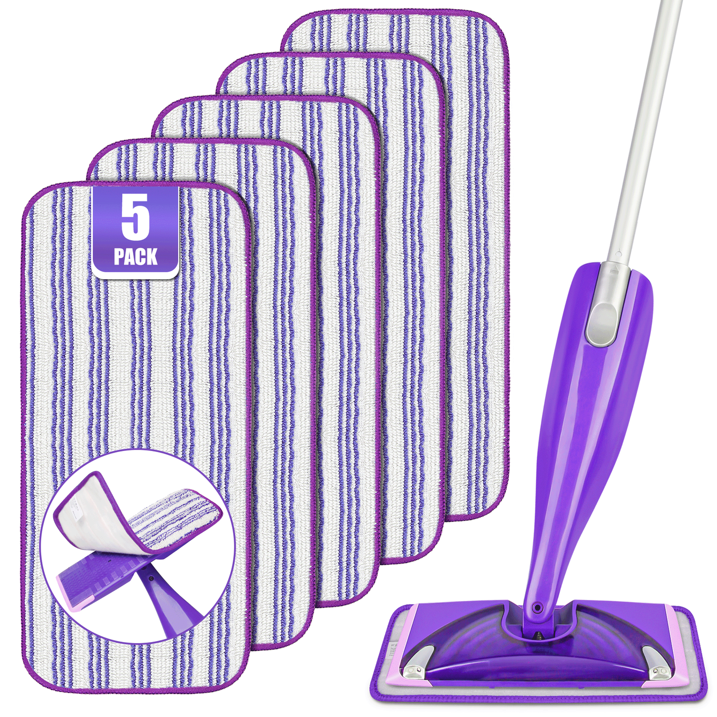 ILAVCLEAN Spray Mop Pad Refill for Wet Jet Mop Washable Microfiber Pads for Multi-Surfaces Cleaning, 5 Pack