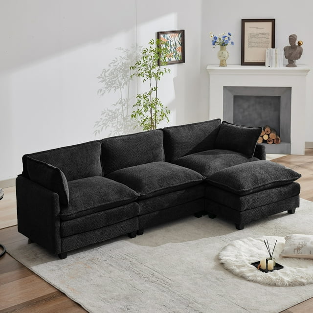 JUSTLET 112.2" L-Shaped Couch with Ottoman, 3 Seat Sectional Sofa with Chaise, Upholstery Sleeper Sofa Couch Set for living Room, Black