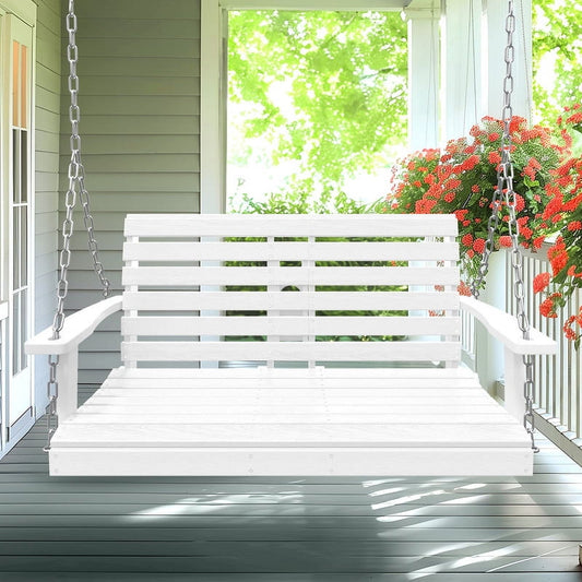 JUSTLET 3 Person Outdoor Plastic Hanging Porch Swing Bench Chair W/ Cup Holder, White