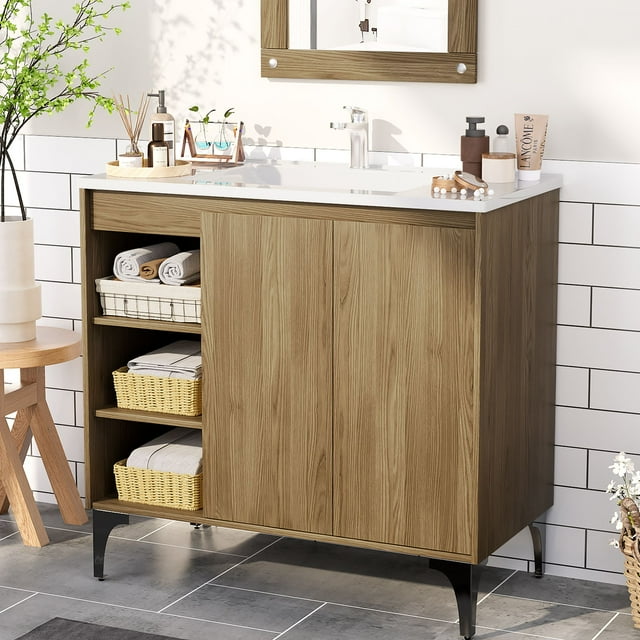 JUSTLET 36" Bathroom Vanity with Sink, Wood Bathroom Vanity Cabinet with Adjustable Shelf and Metal Legs, Bathroom Storage Cabinet with Resin Basin for Bathroom, Natural