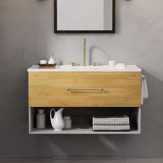 JUSTLET 36" Wall-Mounted Bathroom Vanity with Plastic-Steel Sink, Floating Bathroom Vanity with Towel Rack and Open Storage, A, Nature Wood