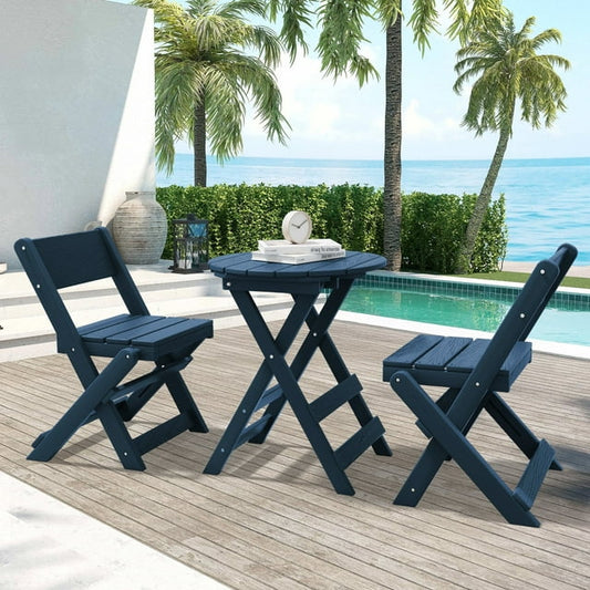 JUSTLET 3PC Outdoor Patio Bistro Set, HDPE Folding Patio Chairs Set W/Table, Patio Furniture Set, Navy Blue