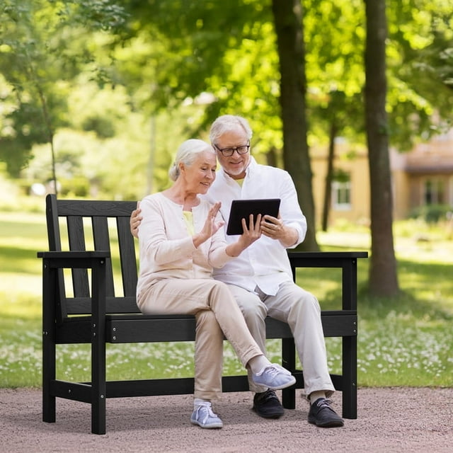 JUSTLET HDPE 48.8" 2-Person Weather-Resistant Park Bench for Outdoor Use, with Wide Armrests and Backrest, Suit for Garden, Porch and Park, Black