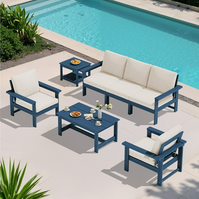 JUSTLET 5 Pieces HDPE Patio Furniture Set,Outdoor Patio Conversation Sets with Thick Cushion,3-Seater Couch,2 Armchair,1 Side Table,1 Coffee Table for Balcony,Backyard,Navy Frame with Khaki Cushion