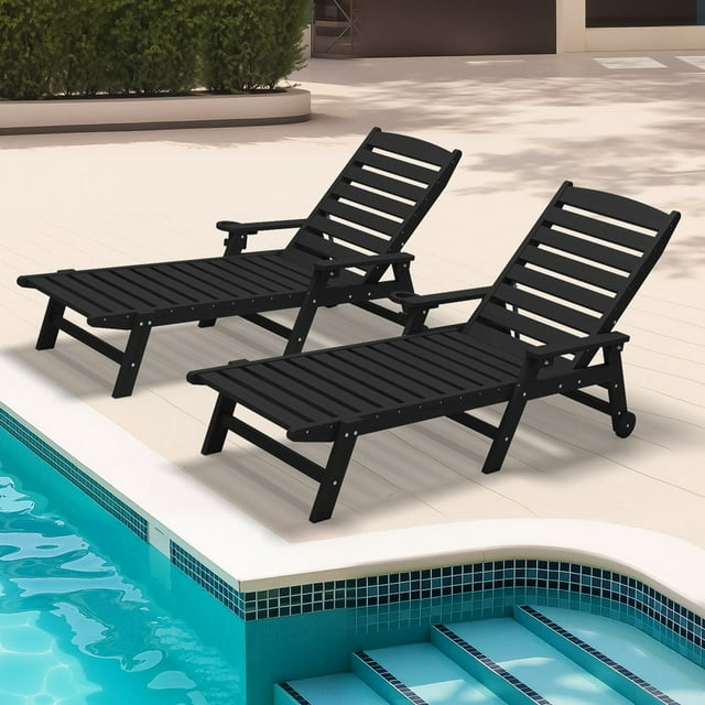 JUSTLET Adjustable Wheeled HDPE Plastic Outdoor Patio Lounge Chair set of 2, W/ Cup Holder,78.3"x25.1"x16.3", Black