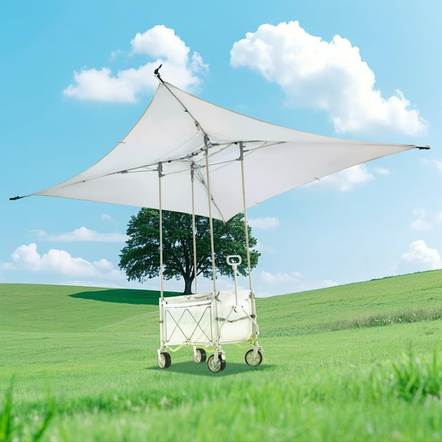 JUSTLET Collapsible Wagon Cart with Canopy and Bamboo Tabletop - Portable Utility Garden Cart for Camping and Outdoor Activities,Creamy White