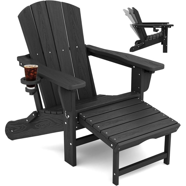 JUSTLET Folding Adjustable Adirondack Chair with Retractable Ottoman, HDPE Weatherproof Material with Double Cup Holder, Black.