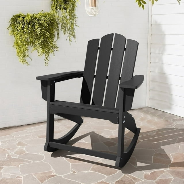 JUSTLET Outdoor Patio Chair, HDPE Plastic Rocking Adirondack Chair, Black
