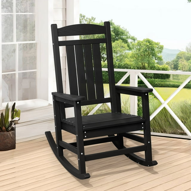 JUSTLET Outdoor High Back Porch Rocking Chair with Arms for Adult,All-Weather HDPE Adirondack Rocker for Patio, Porch, Garden, Lawn, Indoor Use,Black