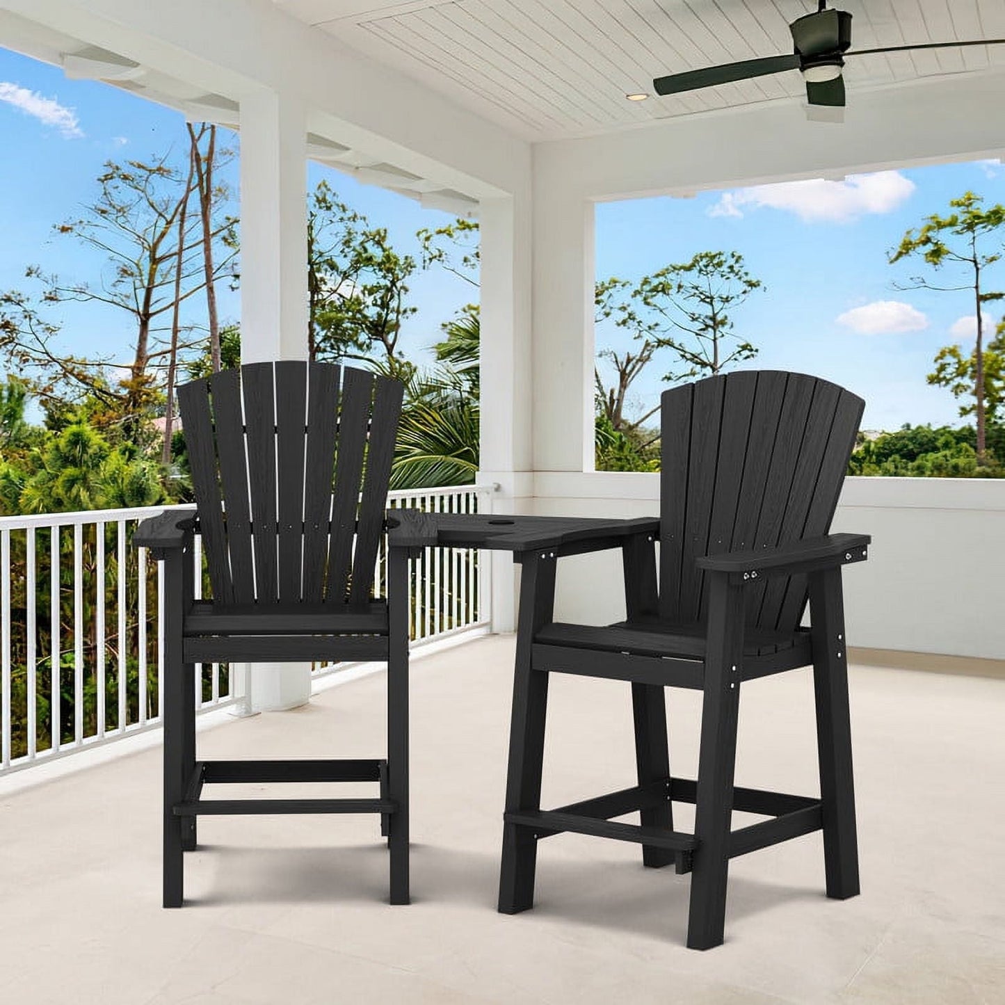 JUSTLET Tall Plastic Adirondack Chair Set of 2 W/ Outdoor Barstools and Connecting Tray, Black