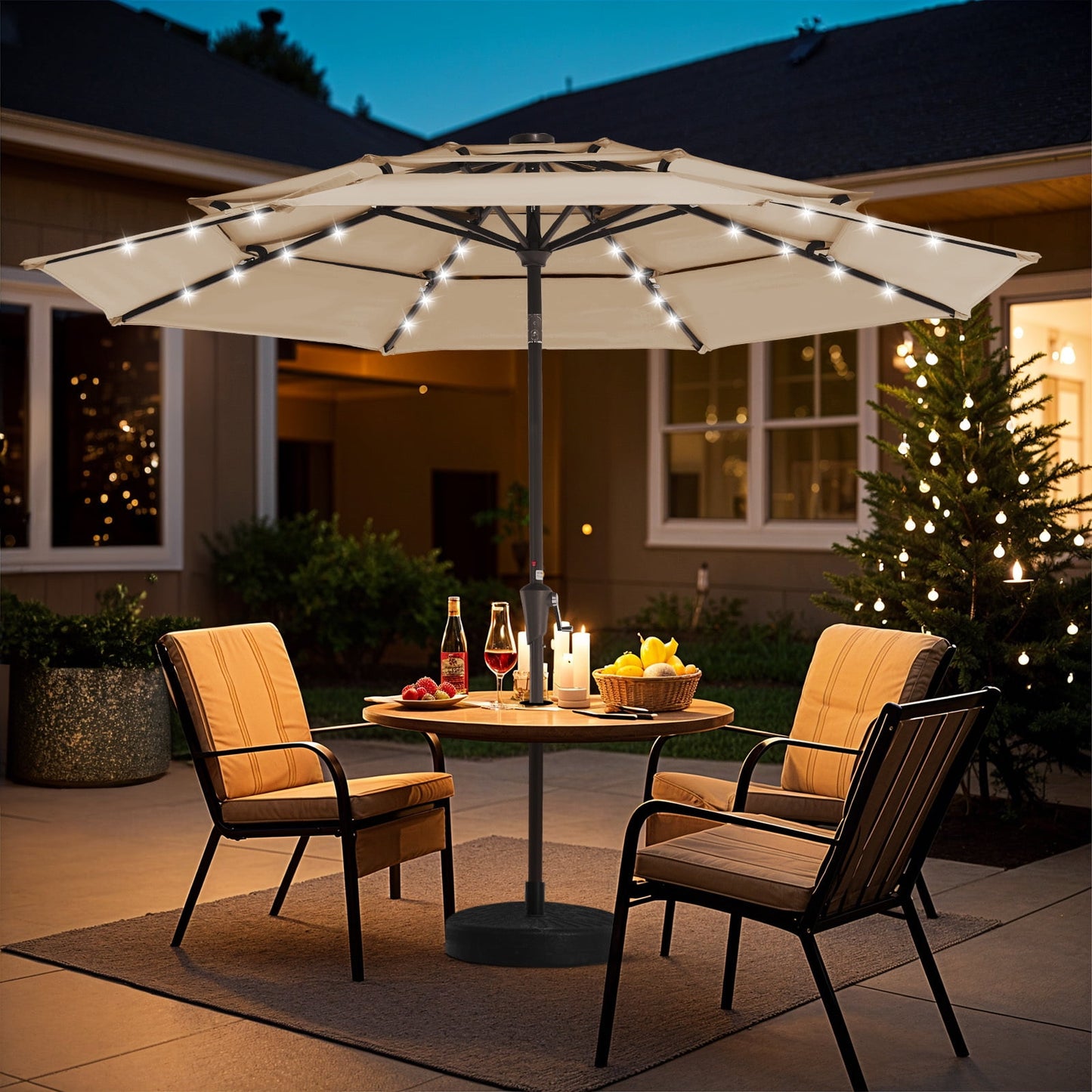 JUSTLET Upgraded 9ft Outdoor Solar Market Umbrella with LED Lights for Patio and Garden,Beige