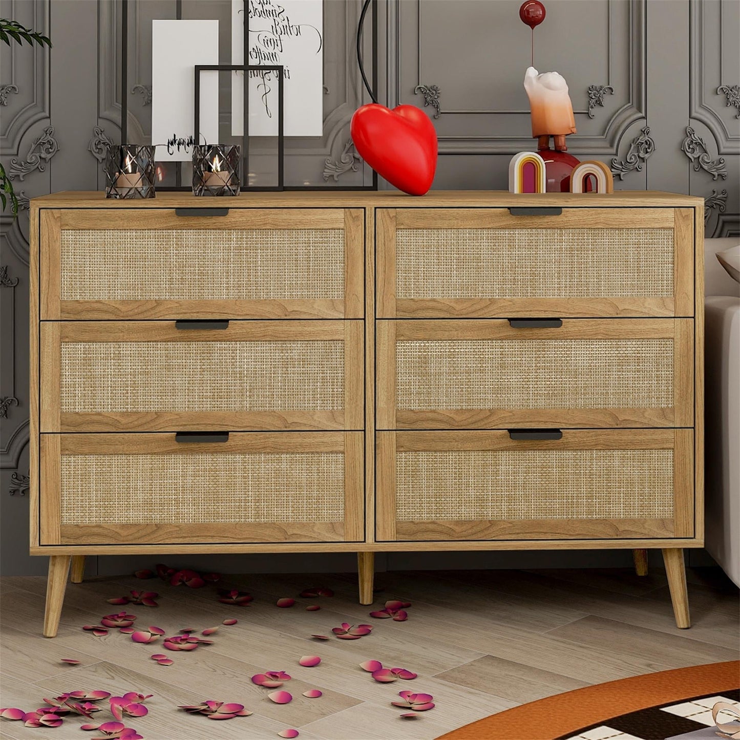 Kadyn Chest of Drawers, Rattan Nursery Dresser for Bedroom, Sideboard Buffet Cabinet with 6 Drawer, Walnut