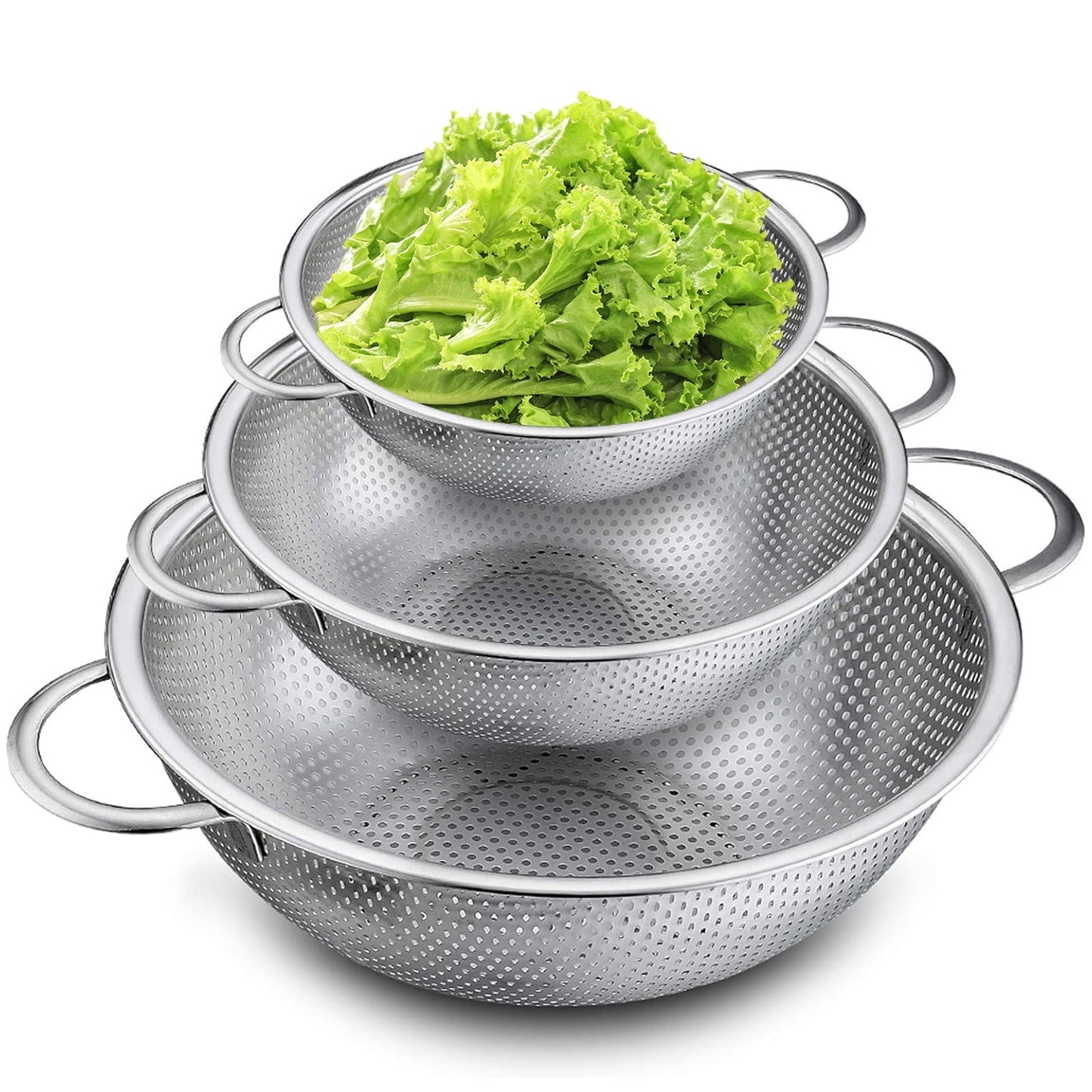 Kailwokk 3 Pcs Steel Strainer Set,Handle Micro-Perforated Colander Strainers for Draining Rinsing Pasta Vegetables Fruits - 3/5/8 Quart