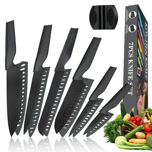 Kailwokk Kitchen Knife Set, 13 Pcs Stainless Steel Chef Knife Sets with Sharpener & 6 Blade Guards, Non-stick Coating, Dishwasher Safe, Perfect Gifts for Kitchen