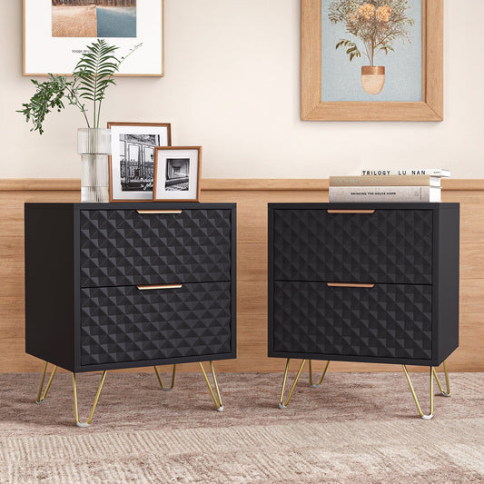 Kepooman Nightstand, Set of 2 Nightstand Side Table End Table, Wood Bedside Tables with 2 Drawers for Bedroom, Black