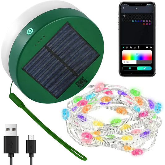LOFTER-PRO Outdoor String Lights, 4 in 1 Solar Lanterns Camping String, 9 Lighting Modes 16.4Ft, App Control, IP65 Waterproof, USB Rechargeable Portable LED Tent Light for Hiking Yard Party