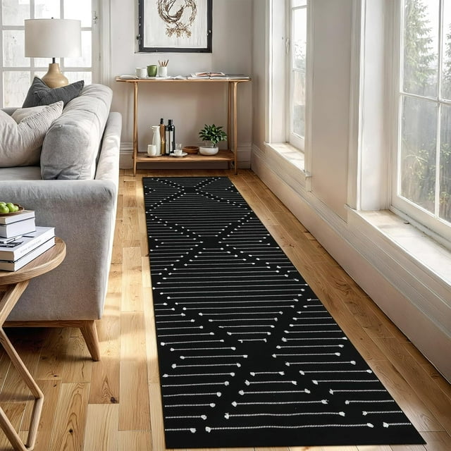 Lahome 2'x8' Black Kitchen Runner Rug, Cotton Woven Boho Hallway Runner Rug, Washable Moroccan Throw Rugs for Entryway Bedroom Bathroom Laundry Room