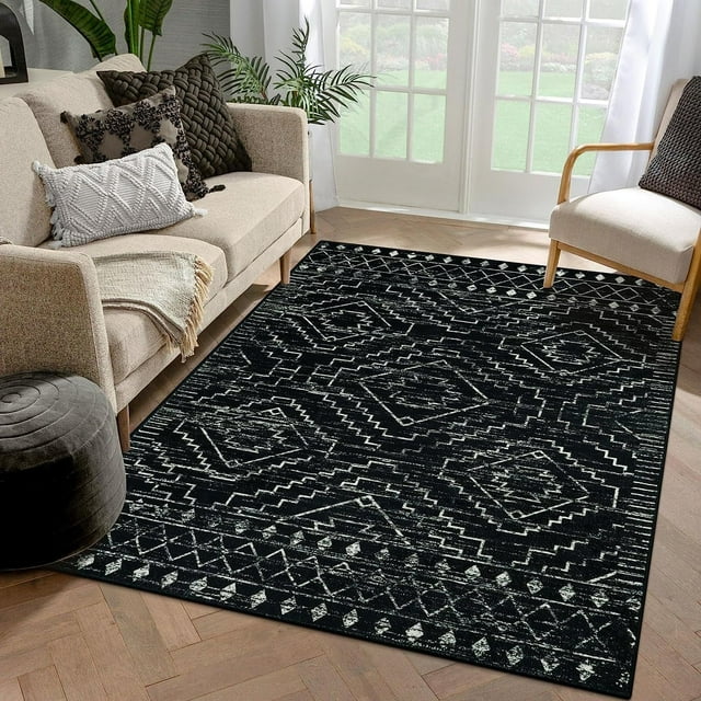 Lahome 4'x6' Washable Rug Moroccan Rug, Black Boho Living Room Area Rug, Non-Slip Farmhouse Bedroom Carpet Dorm Room Throw Rug, Low Pile Soft Accent Mat for Kitchen Entry Office,Black