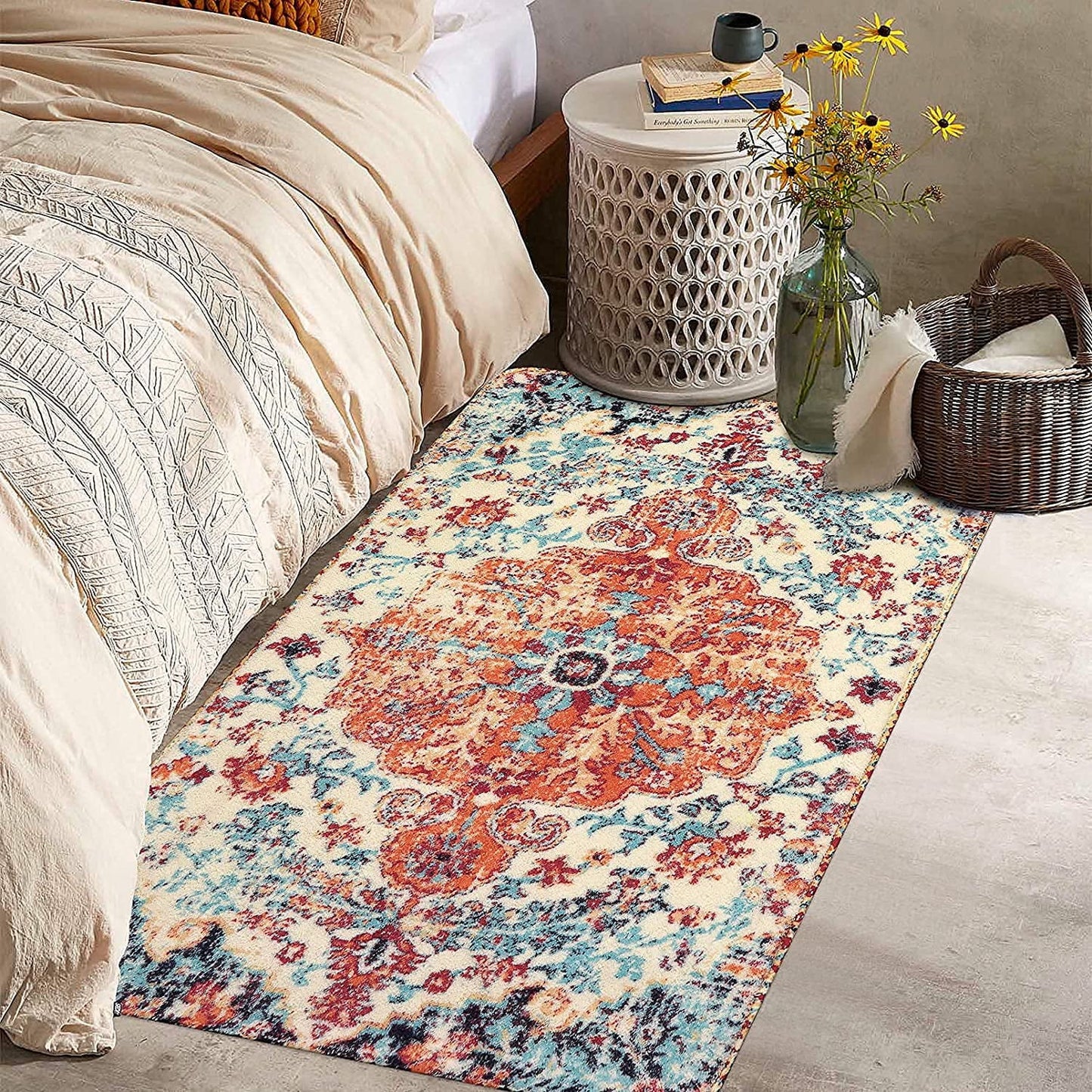 Lahome Decor 3’x5' Area Rug for Living Room Washable Entryway Rug Boho Floral Medallion Front Door Mat Non Slip Vintage Indoor Accent Carpet for Laundry Room Bedroom Kitchen Apartment, Orange