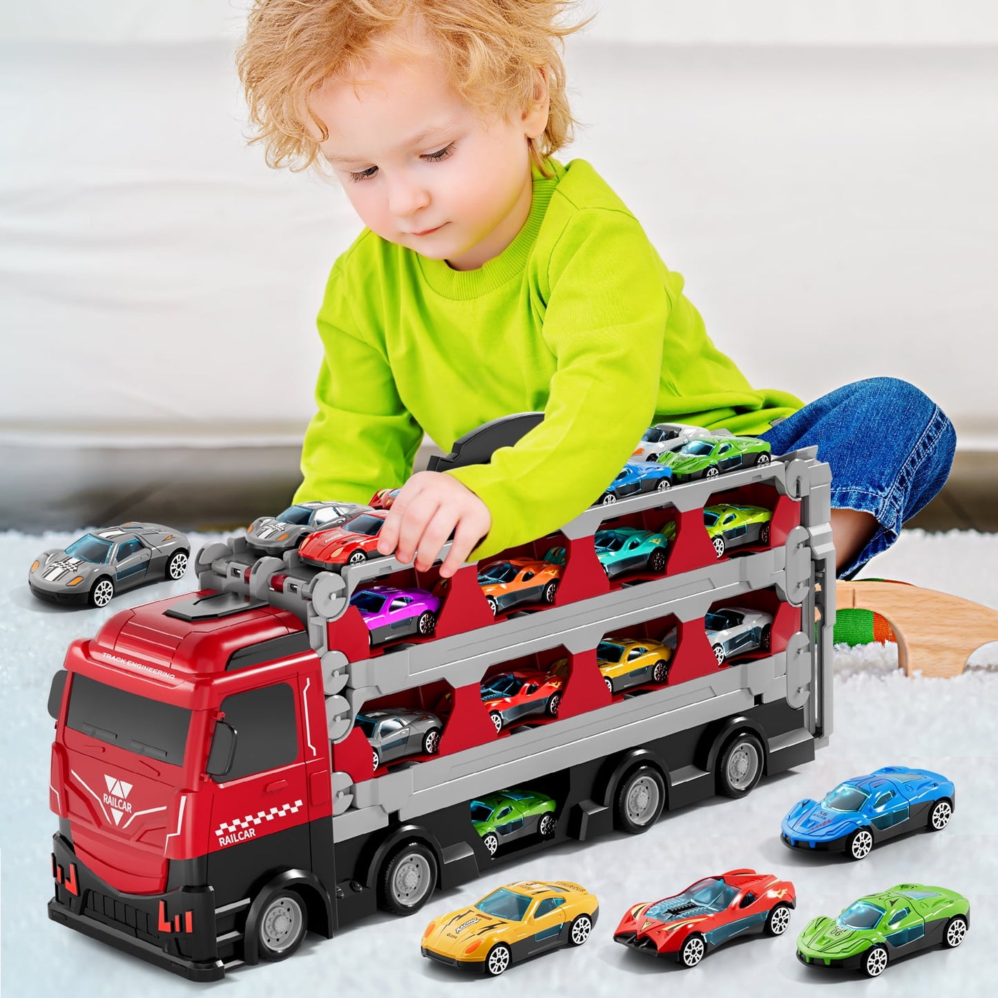 Lucky Doug 78 inches Transport Truck with 24pcs Die-Cast Cars Toys, Cars Toddler Toys Gifts for 2 3 4 5 6 7 Years Old Boys Girls Kids