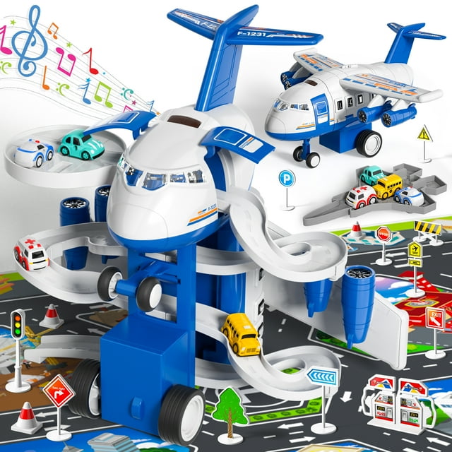 Lucky Doug Airplane with Vehicle Track & 4 Cars, Spray Aeroplane Toys with Light & Sound for Toddlers 1-3-6
