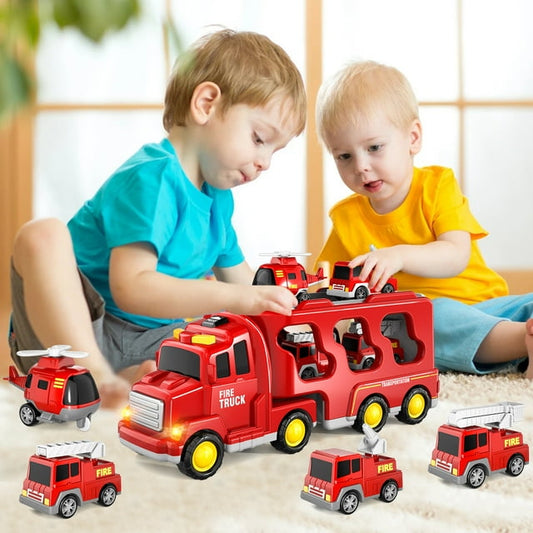 Lucky Doug Fire Truck Car Set for Toddlers Ages 1-3-5, 5 in 1 Carrier Truck Toys with Light & Sound, Toddlers Boys Toys Ages 2 3-5 as Birthday Christmas Gift
