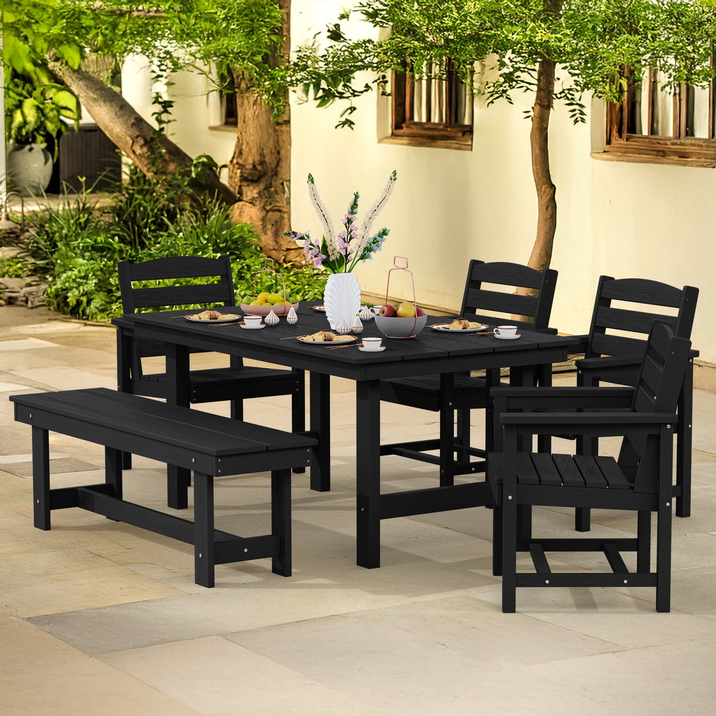JUSTLET 6 Pieces Patio Furniture Set, HDPE Outdoor Dining Table Set with 1 Bench, 4 Chairs, Durable and Weather-Resistant for Patio, Garden and Balcony Use, Black