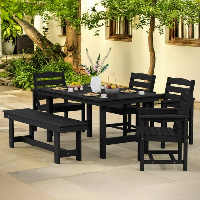JUSTLET 6 Pieces Patio Furniture Set, HDPE Outdoor Dining Table Set with 1 Bench, 4 Chairs, Durable and Weather-Resistant for Patio, Garden and Balcony Use, Black