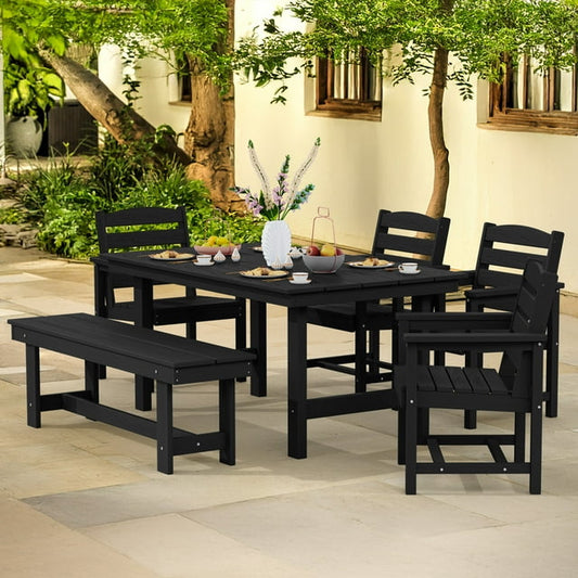 JUSTLET 6 Pieces Patio Furniture Set, HDPE Outdoor Dining Table Set with 1 Bench, 4 Chairs, Durable and Weather-Resistant for Patio, Garden and Balcony Use, Black