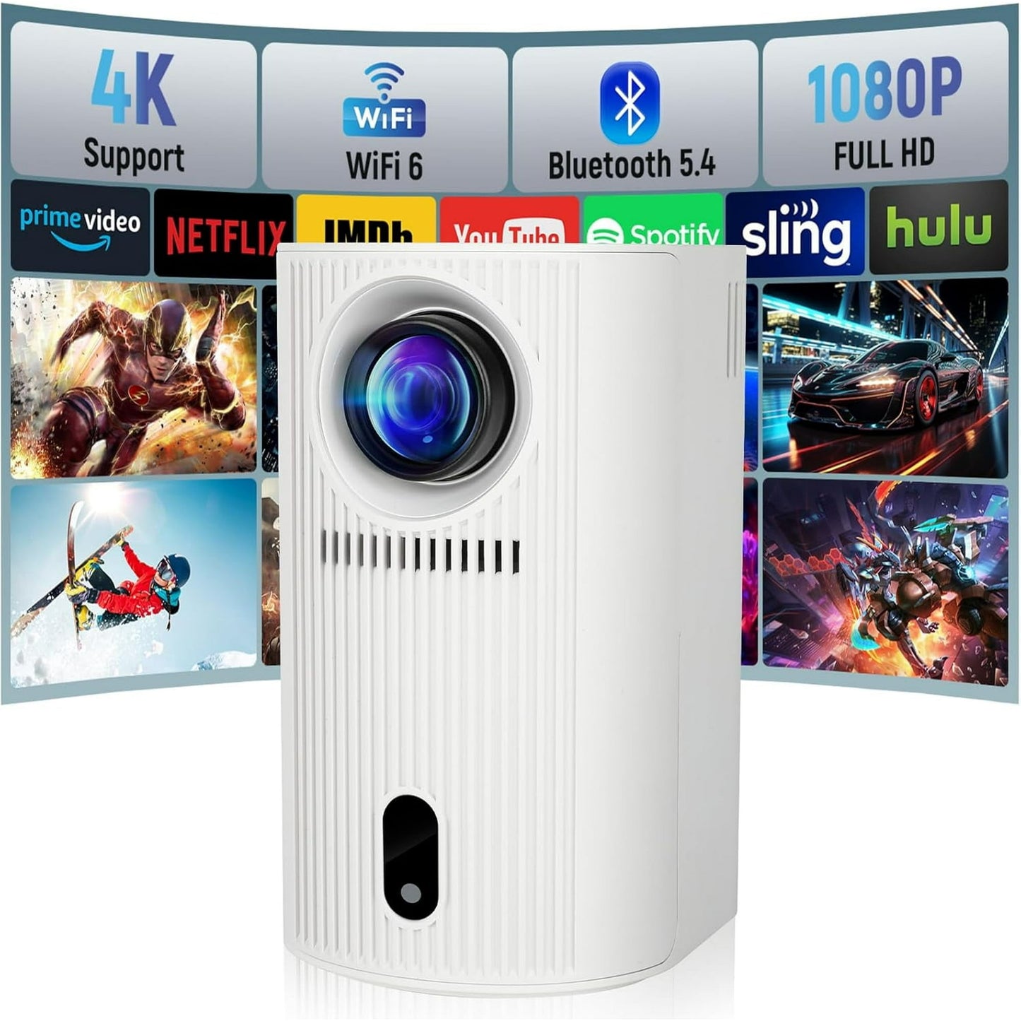 Mini Projector with WIFI 6 and Bluetooth, 4K 1080P Support Projector creen Movie Projector Auto Keystone Compatible for Laptop, PC, Smartphone