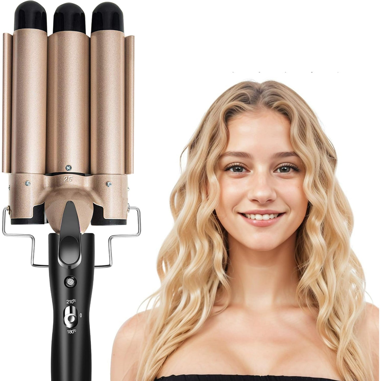 Morfone 3 Jumbo Barrel Curling Iron Wand 22mm Hair Waver Temperature Adjustable Ceramic Big Waves Hair Crimper (Gold)