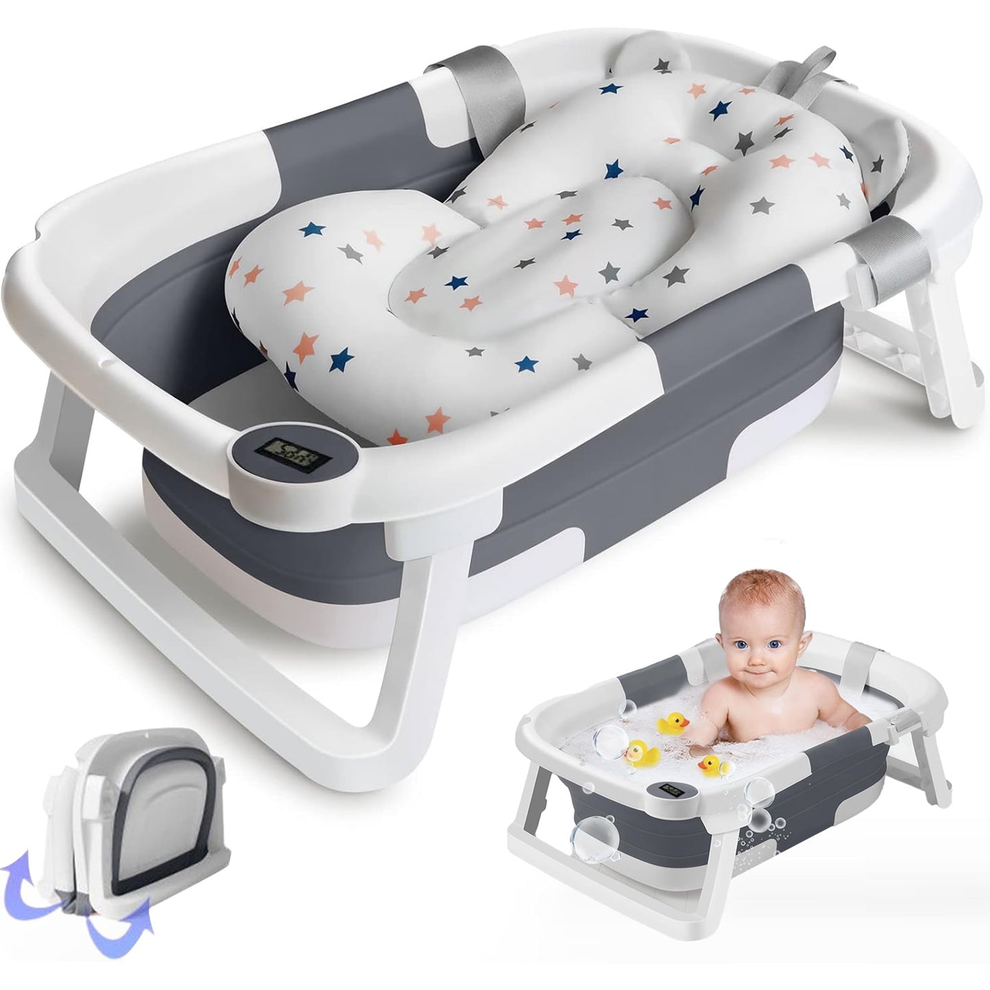 Morfone Collapsible Baby Bathtub, Baby Bath Tub with Soft Cushion & Thermometer, Baby Bathtub Newborn to Toddler 0-36 Months, Portable Travel Baby Tub, Gray