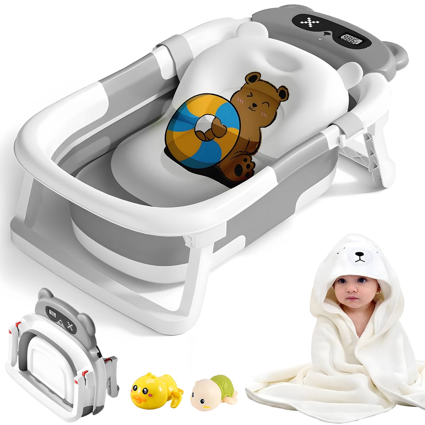 Morfone Collapsible Baby Bathtub for Newborn with Thermometer & 1 Hooded Towel & 1 Soft Floating Cushion & 2 Baby Bath Toys, Portable Travel Bathtub with Drain Hole, Durable Foldable Baby Tubs, Gray