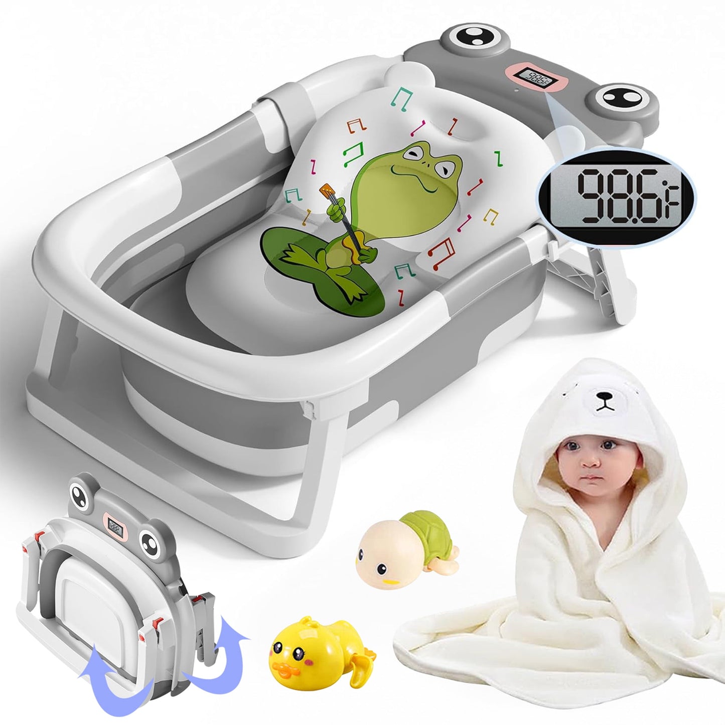 Morfone Collapsible Baby Bathtub, Baby Bath with Thermometer & 1 Hooded Towel & 1 Soft Floating Cushion, Portable Travel Baby Tub, Foldable Baby Bath Tub for Newborns to Toddler 0-36 Months, Gray
