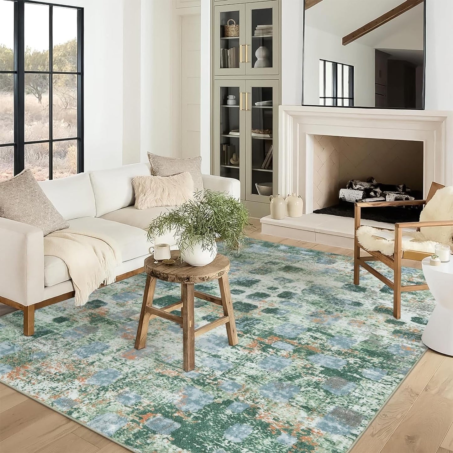 Moynesa 5'x7' Abstract Area Rugs, Washable Rug for Bedroom Ultra-Thin Non Slip Boho Living Room Rugs, Stain Resistant Indoor Non-Shedding Throw Carpet for Dining Room Kitchen Office,Green