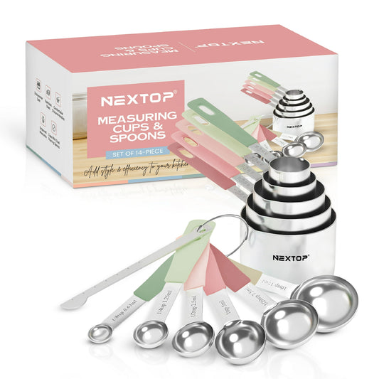 Nextop 14-Piece Stainless Steel Measuring Cups and Spoons Set with 1/8 Teaspoon, 1/8 Cup, and Leveler for Dry Ingredients, Complete Set for Kitchen & Baking Measuring Tools