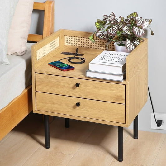 Nifamembo Nightstand with Charging Station & Rattan Edge for Bedroom, Living Room - Natural
