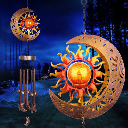 Outdoor Solar Wind Chimes, Retro Moon Sun Wind Chime Lights, Waterproof Outdoor Deep Tone Chimes, Automatic Wind Mobile Bell Light for Garden Patio Decor, Birthday Gifts for Mom & Grandma
