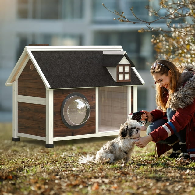Outdoor Wooden Dog Crate Waterproof Puppy Shelter Indoor Dog Kennel House,Brown