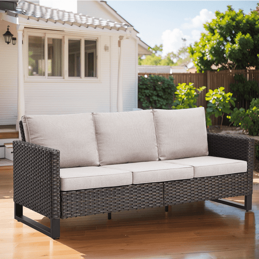 PARKWELL Outdoor 3-Seat Patio Sofa,All-Weather Wicker Rattan Couch Furniture with Cushions,Beige