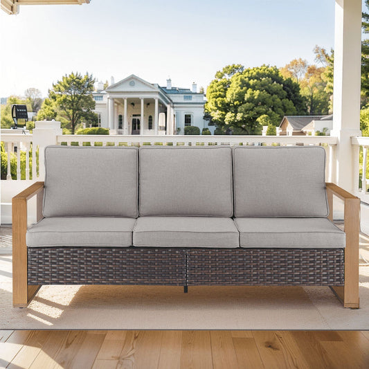 PARKWELL Outdoor 3-Seat Patio Sofa Furniture,Weather Resistant Wicker Couch with Deep Seat Anti-Slip Cushion,Gray