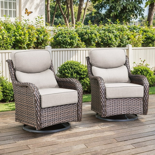 PARKWELL Outdoor Swivel Glider Chair Set of 2,Luxury High Back 6-Inch Thick Cushions Swivel Rocker Rocking Lounge Chair,Patio Bistro Set for Porch Deck Backyard,Brown/Beige