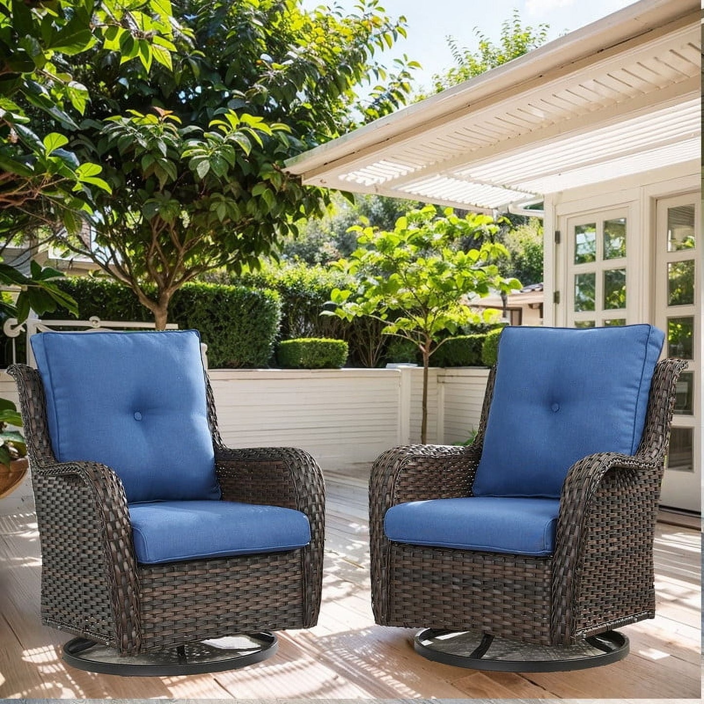 PARKWELL Outdoor Swivel Gliders Chair Set of 2,Patio Wicker High Back Swivel Rocker Lounge Chair with Navy Cushions for Balcony Deck, Brown Wicker