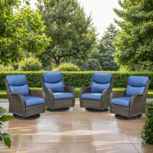 PARKWELL Patio Wicker Chairs Swivel Rocker Set of 4,Outdoor Rattan Swivel Glider Rocking Lounge Chairs for Patio Porch Pool,Brown/Navy